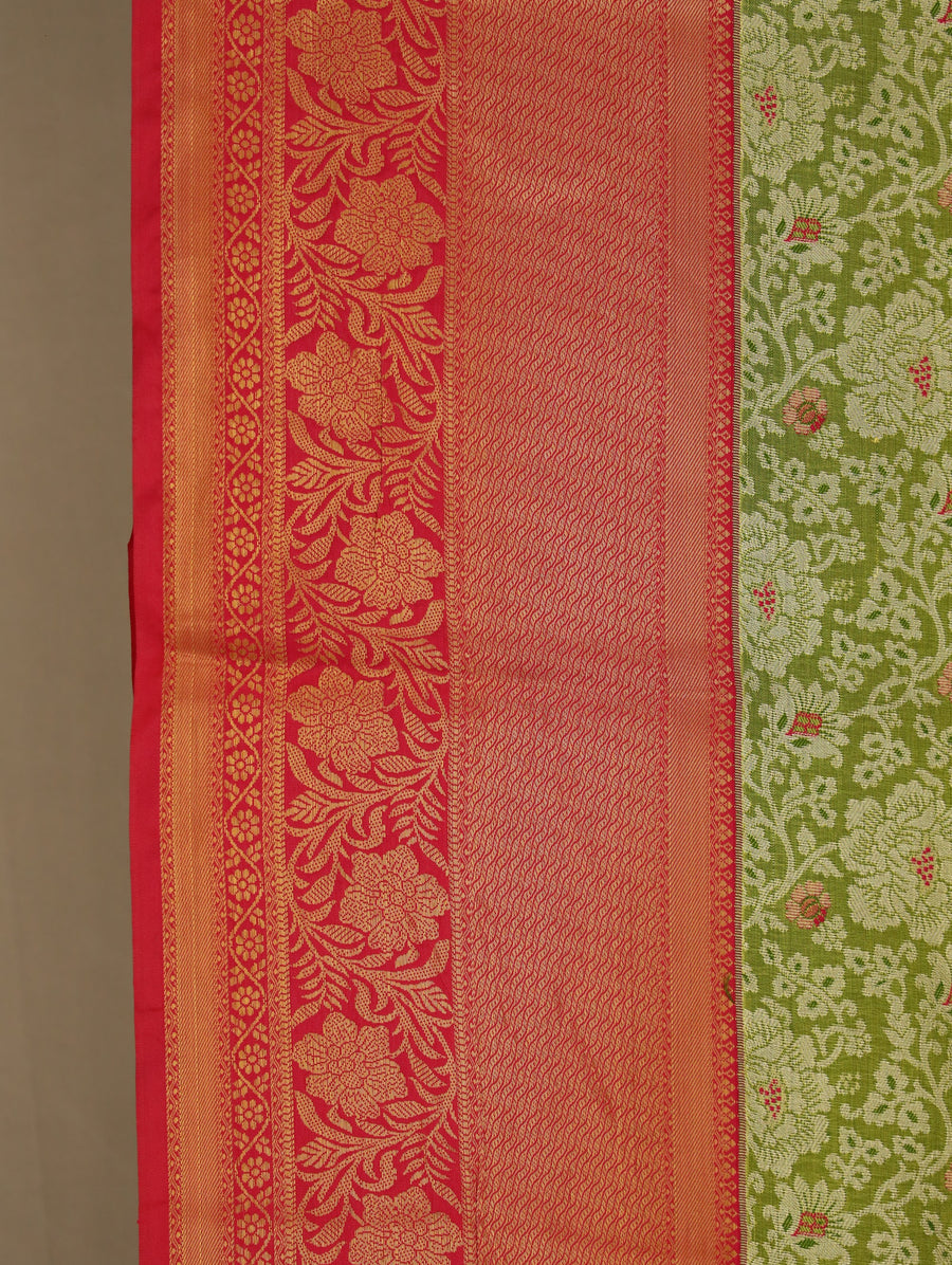 Sage Green Kanchipuram Inspired Semi Silk Saree with Wide Wide Contrast Border
