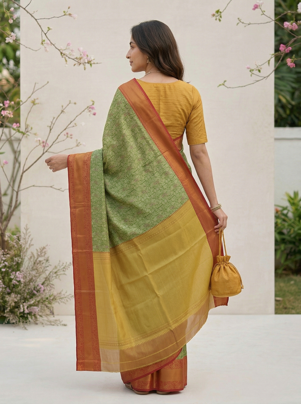 Sage Green Gadwal Inspired Semi Silk Saree with Wide Wide Contrast Border