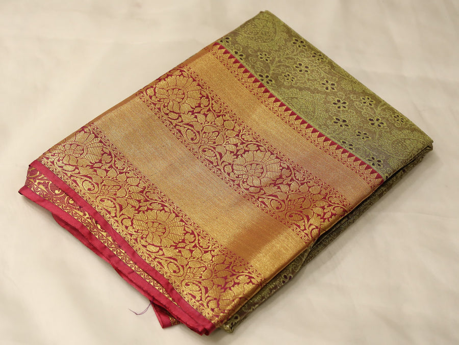 Olive Gold Kanchipuram Inspired Semi Silk Saree with Wide Wide Contrast Border