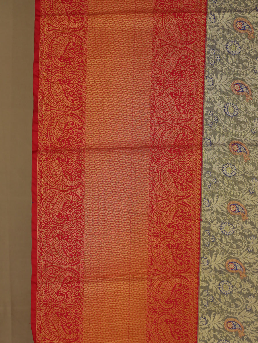 Sage Green Gadwal Inspired Semi Silk Saree with Wide Wide Contrast Border