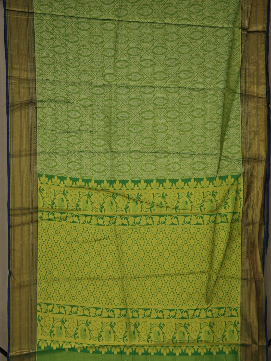 Spring Leaf Green Kanchipuram Inspired Semi Silk Saree with Wide Wide Contrast Border