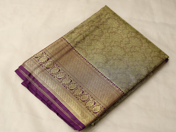 Champagne Gold Kanchipuram Inspired Semi Silk Saree with Wide Wide Contrast Border