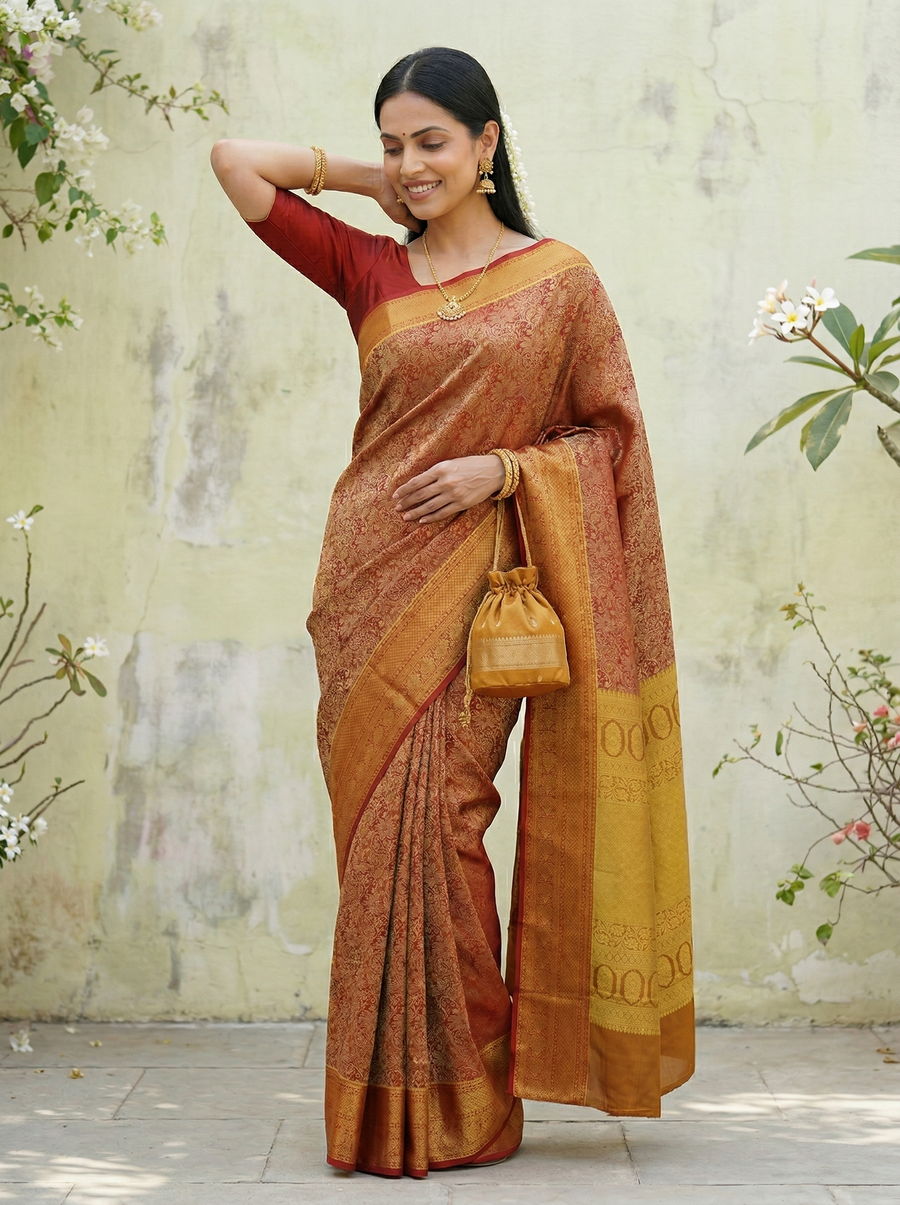 Burnt Sienna Dharmavaram Inspired Semi Silk Saree with Wide Wide Contrast Border