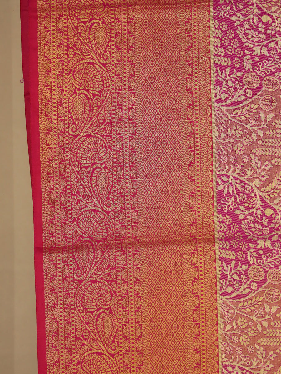 Rosewood Red Kanchipuram Inspired Semi Silk Saree with Wide Wide Contrast Border