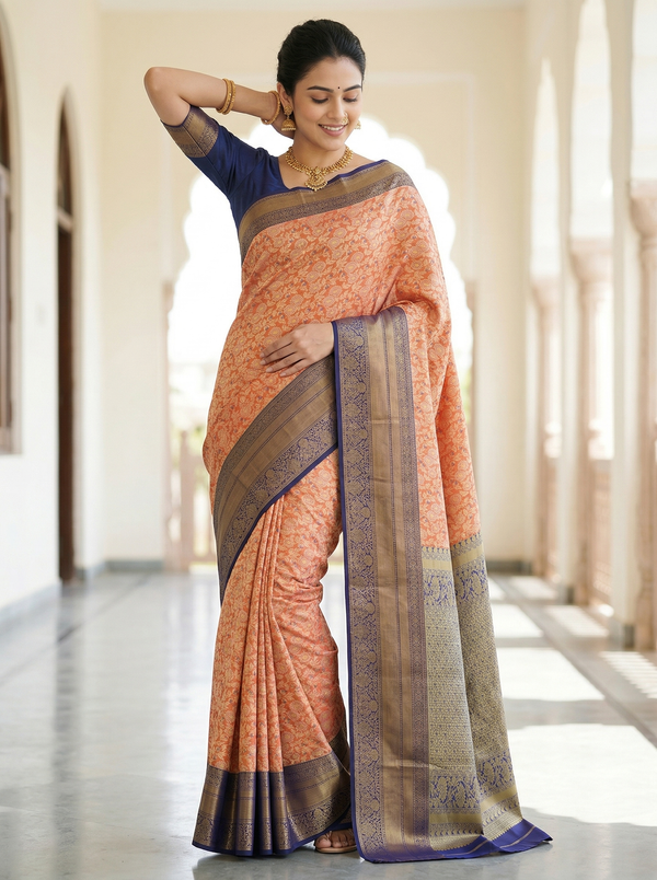 Burnt Orange Kanchipuram Inspired Semi Silk Saree with Medium Medium Contrast Border