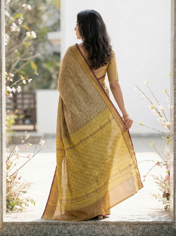 Mustard Yellow Dharmavaram Inspired Semi Silk Saree with Medium Medium Contrast Border
