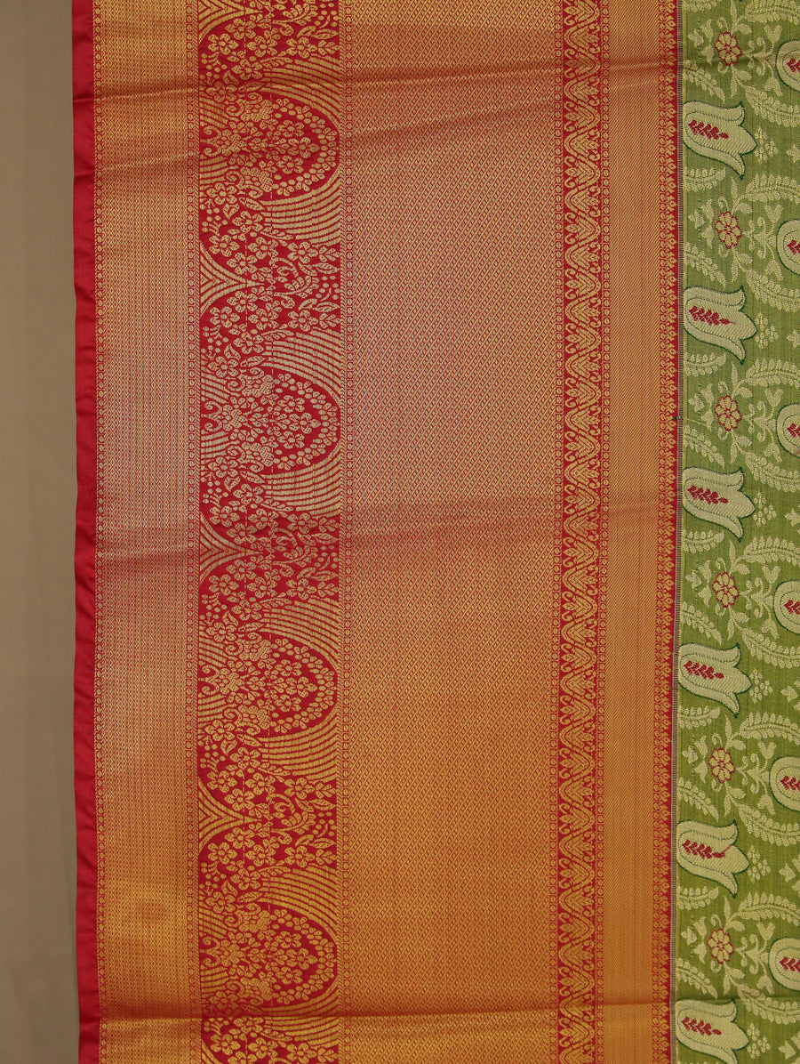 Lime Green Kanchipuram Inspired Semi Silk Saree with Medium Medium Contrast Border