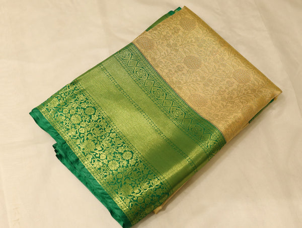 Champagne Gold Kanchipuram Inspired Semi Silk Saree with Wide Wide Contrast Border