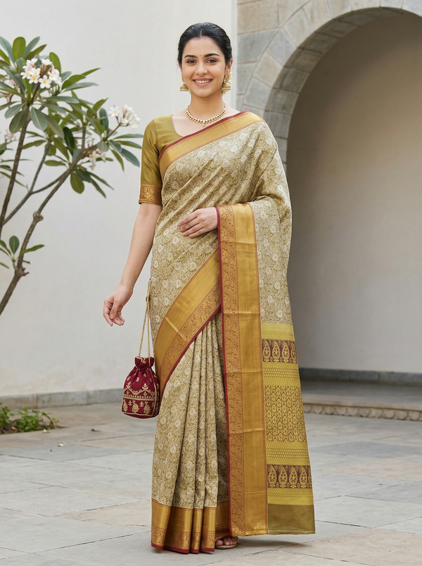 Champagne Gold Kanchipuram Inspired Semi Silk Saree with Wide Wide Contrast Border