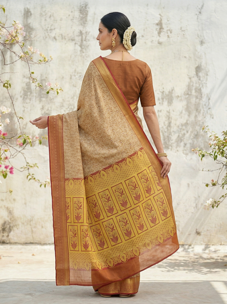 Earthy Brown Kanchipuram Inspired Semi Silk Saree with Medium Medium Contrast Border