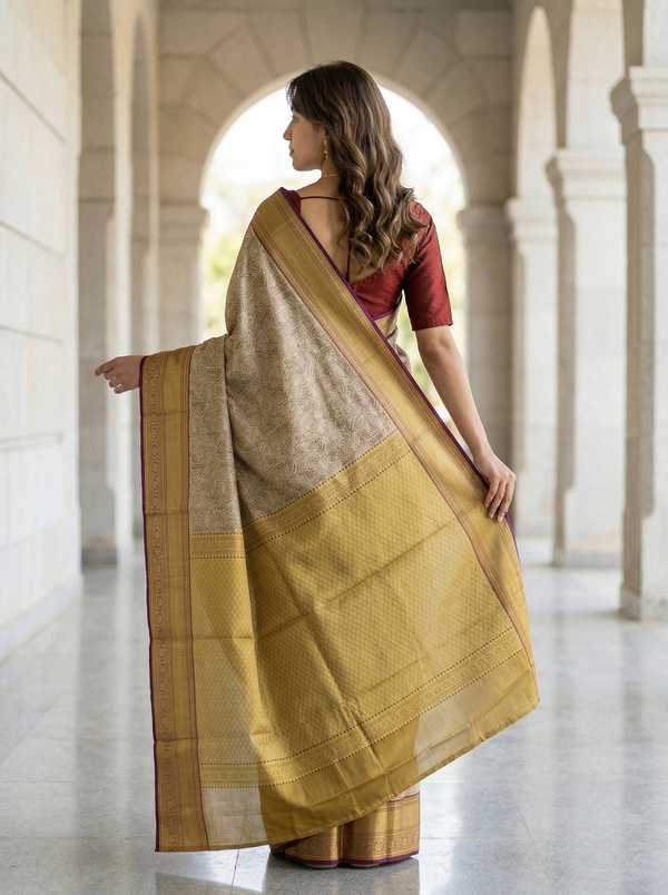 Ivory Beige Kanchipuram Inspired Semi Silk Saree with Wide Wide Contrast Border