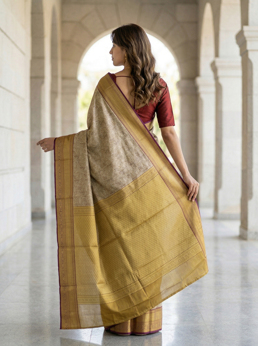 Ivory Beige Kanchipuram Inspired Semi Silk Saree with Wide Wide Contrast Border