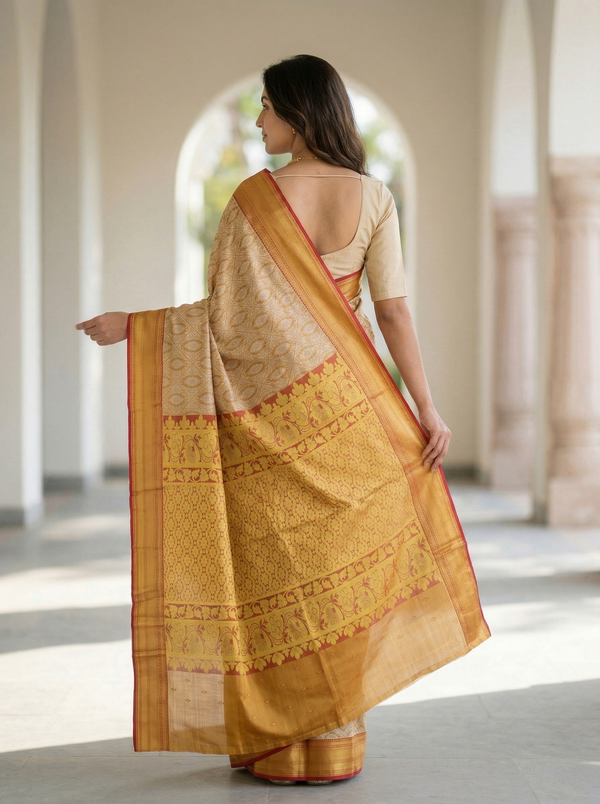 Champagne Gold Kanchipuram Inspired Semi Silk Saree with Wide Wide Contrast Border