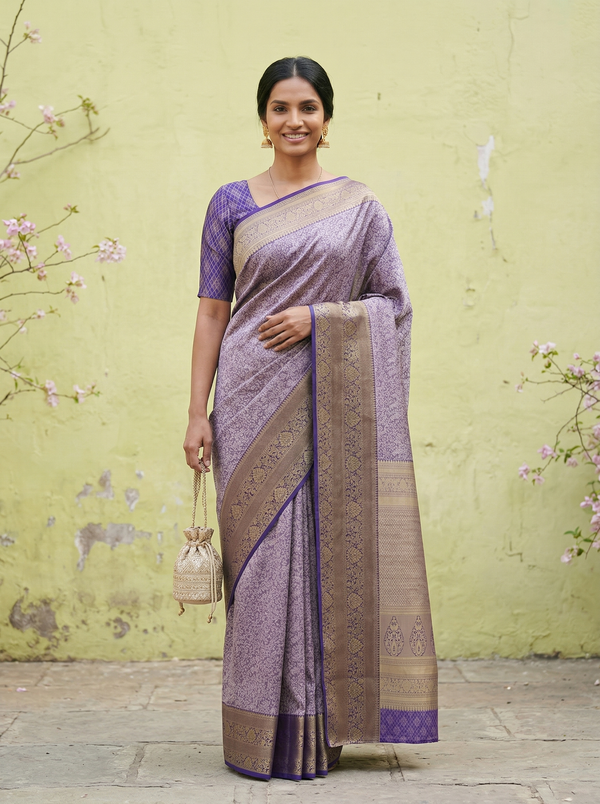 Lavender Mist Gadwal Inspired Semi Silk Saree with Wide Wide Contrast Border