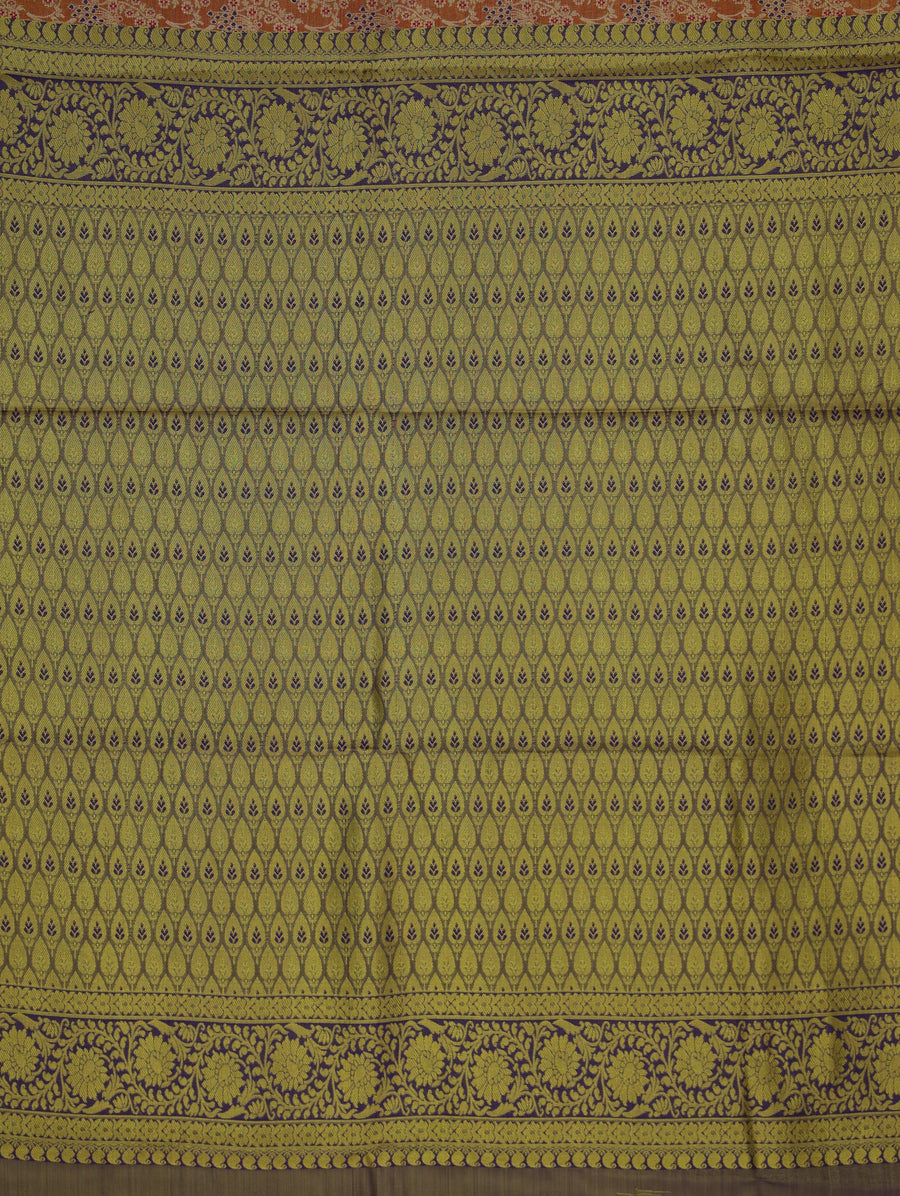 Sunset Orange Kanchipuram Inspired Semi Silk Saree with Wide Wide Contrast Border