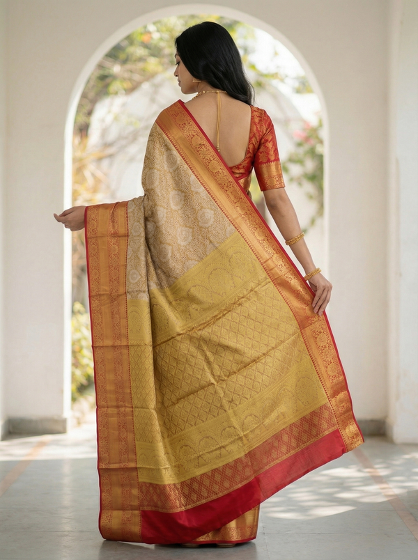 Champagne Gold Kanchipuram Inspired Semi Silk Saree with Wide Wide Contrast Border