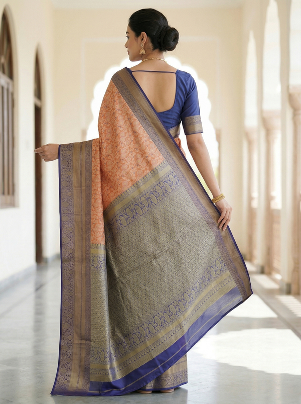 Burnt Orange Kanchipuram Inspired Semi Silk Saree with Medium Medium Contrast Border