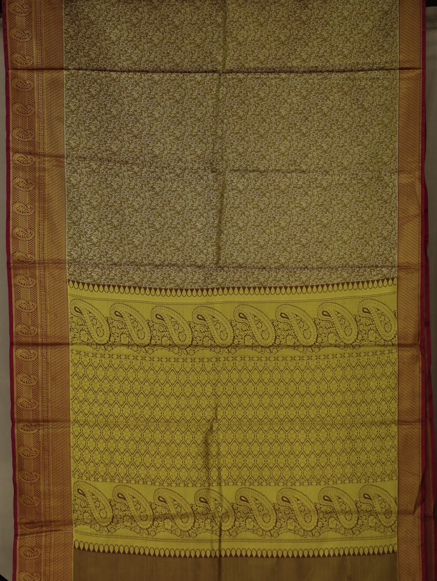 Antique Gold Kanchipuram Inspired Semi Silk Saree with Medium Medium Contrast Border