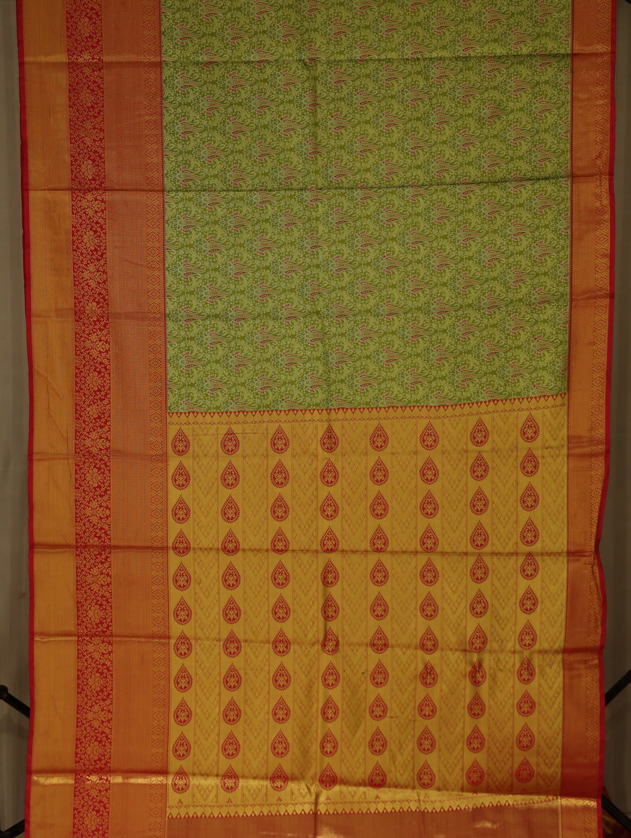 Lime Green Kanchipuram Inspired Semi Silk Saree with Wide Wide Contrast Border