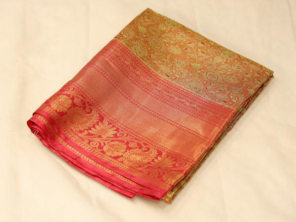 Golden Amber Kanchipuram Inspired Semi Silk Saree with Wide Medium Contrast Border