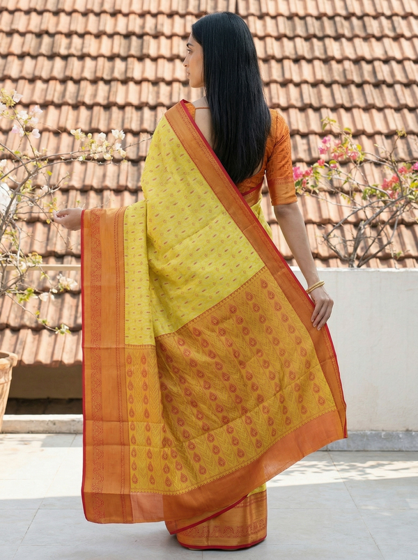 Sunshine Yellow Mysore Inspired Semi Silk Saree with Wide Wide Contrast Border