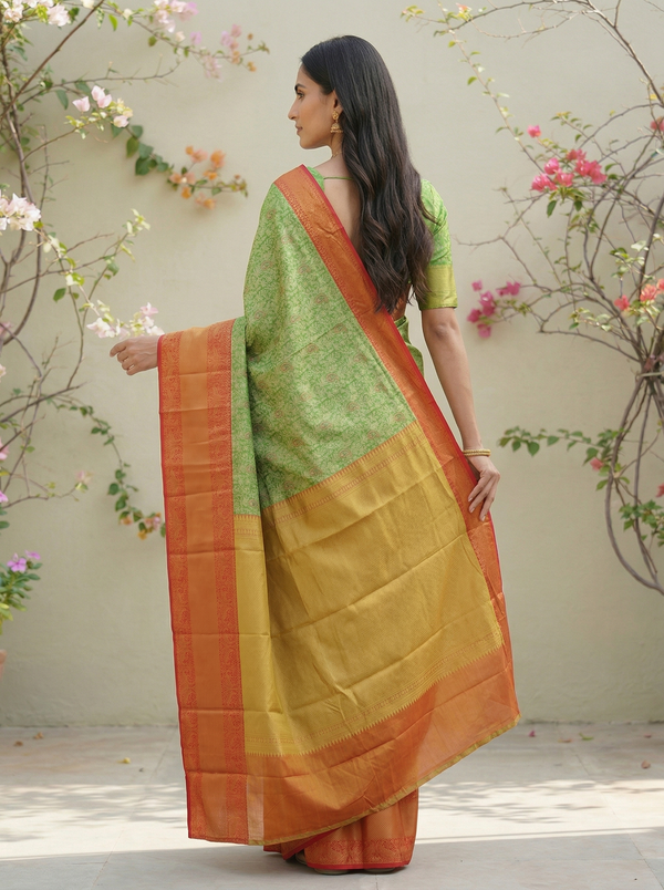 Lime Green Kanchipuram Inspired Semi Silk Saree with Wide Wide Contrast Border