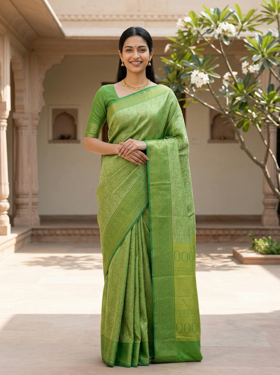 Olive Green Kanchipuram Inspired Semi Silk Saree with Wide Medium Self Border