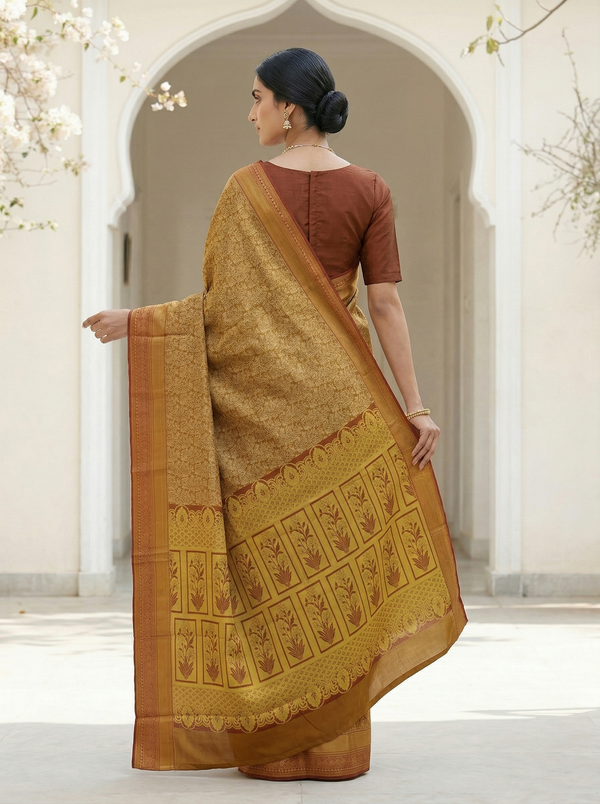 Champagne Gold Dharmavaram Inspired Semi Silk Saree with Medium Medium Contrast Border
