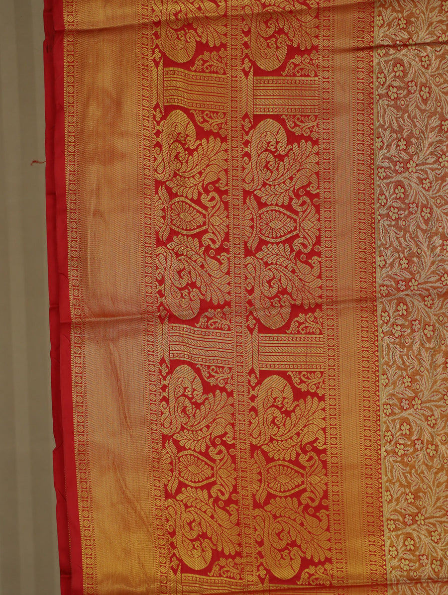 Sunset Orange Kanchipuram Inspired Semi Silk Saree with Medium Medium Contrast Border