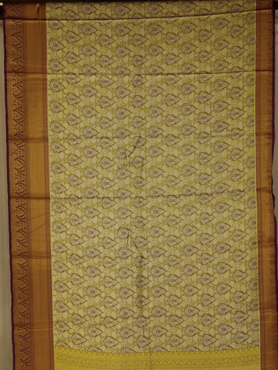 Champagne Gold Kanchipuram Inspired Semi Silk Saree with Wide Wide Contrast Border