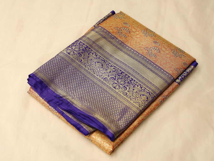 Sunset Orange Kanchipuram Inspired Semi Silk Saree with Wide Wide Contrast Border