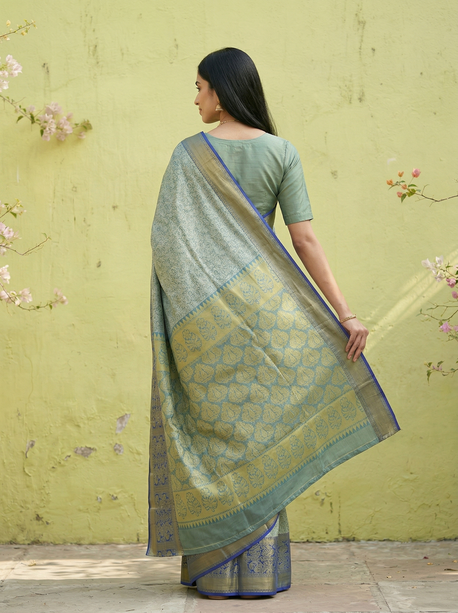 Sage Green Mysore Inspired Semi Silk Saree with Medium Medium Contrast Border