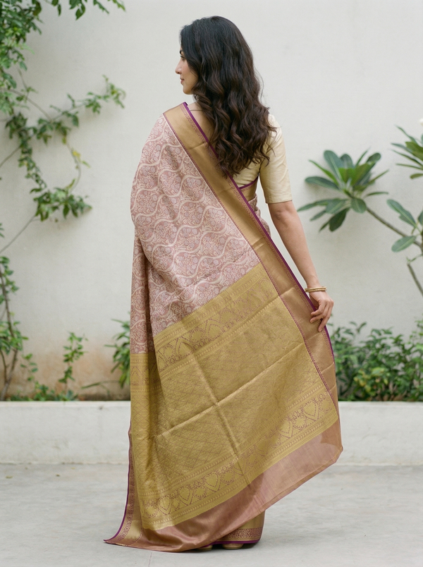 Champagne Gold Dharmavaram Inspired Semi Silk Saree with Medium Medium Contrast Border