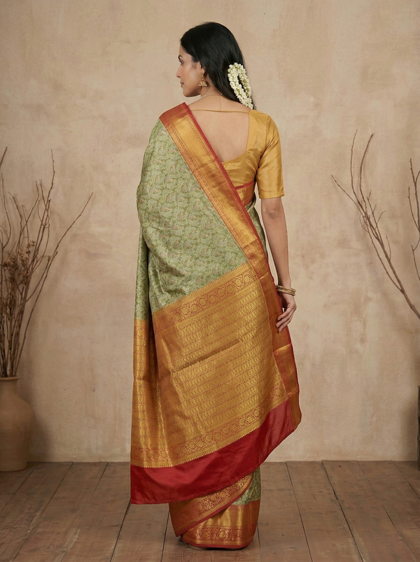 Sage Green Gadwal Inspired Semi Silk Saree with Medium Medium Contrast Border