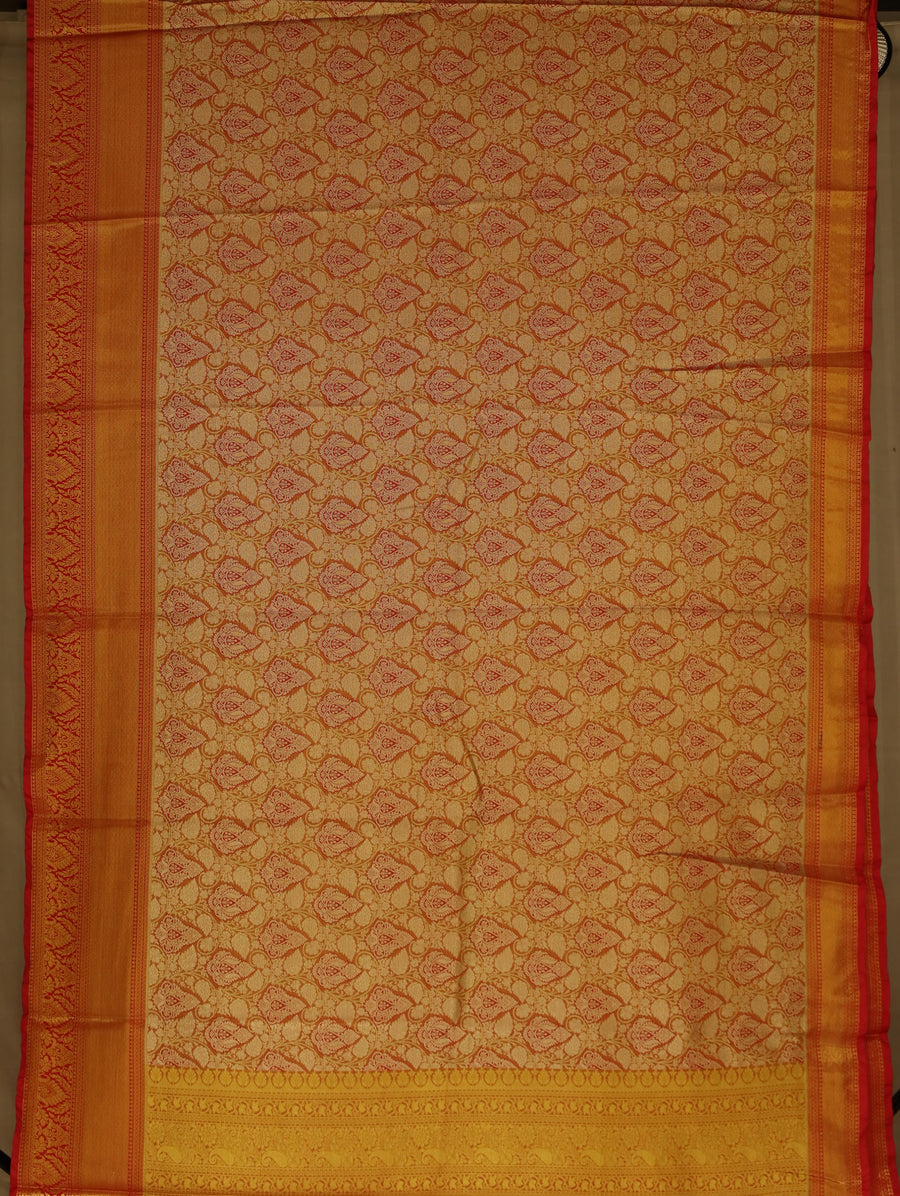 Sunset Gold Dharmavaram Inspired Semi Silk Saree with Wide Wide Contrast Border