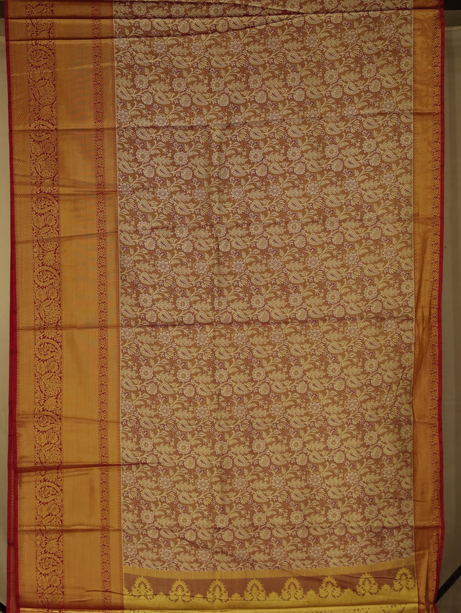 Champagne Gold Kanchipuram Inspired Semi Silk Saree with Wide Wide Contrast Border