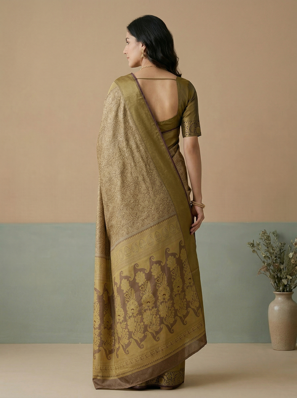 Champagne Gold Kanchipuram Inspired Semi Silk Saree with Wide Wide Contrast Border