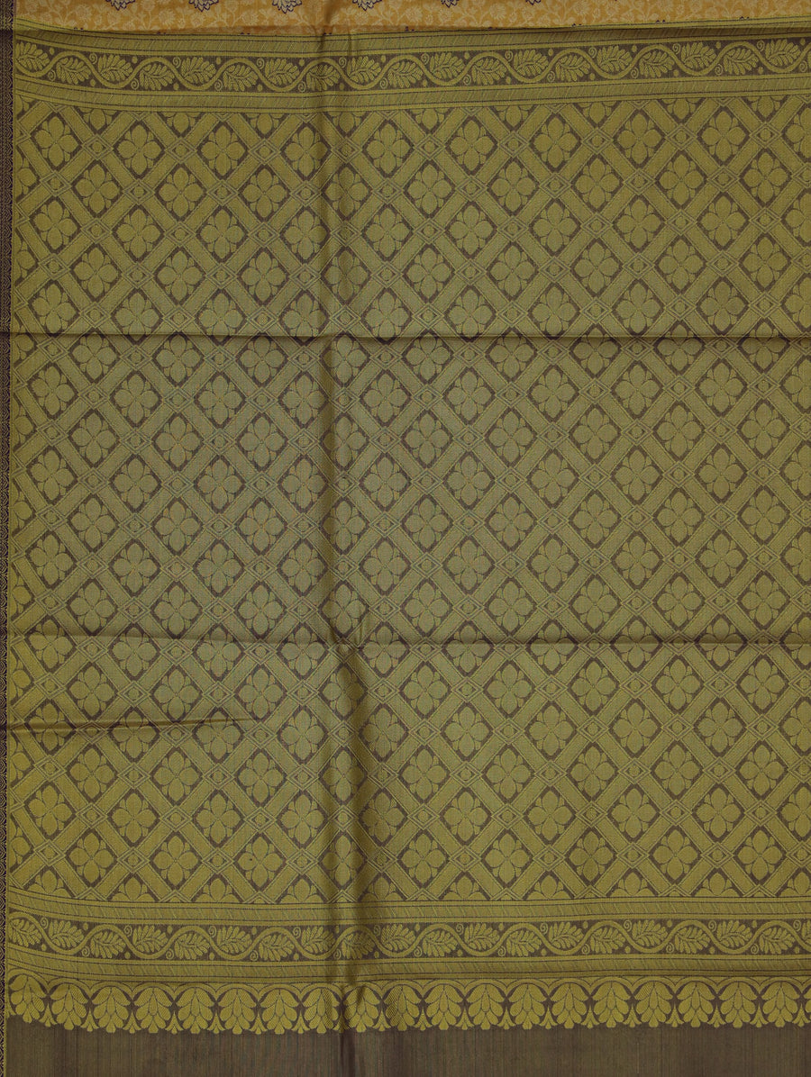 Mustard Gold Kanchipuram Inspired Semi Silk Saree with Medium Medium Contrast Border