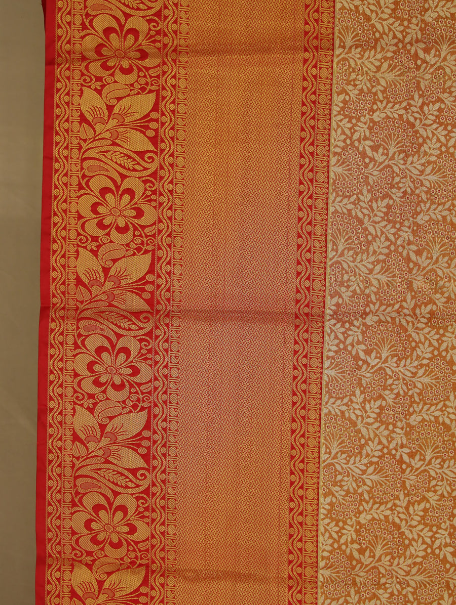 Burnt Orange Kanchipuram Inspired Semi Silk Saree with Wide Wide Contrast Border