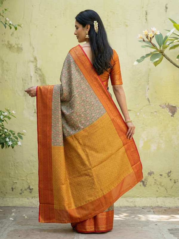 Burnt Orange Dharmavaram Inspired Semi Silk Saree with Wide Wide Contrast Border