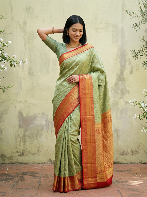 Mint Green Dharmavaram Inspired Semi Silk Saree with Wide Wide Contrast Border