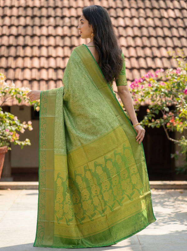 Olive Green Kanchipuram Inspired Semi Silk Saree with Medium Medium Contrast Border