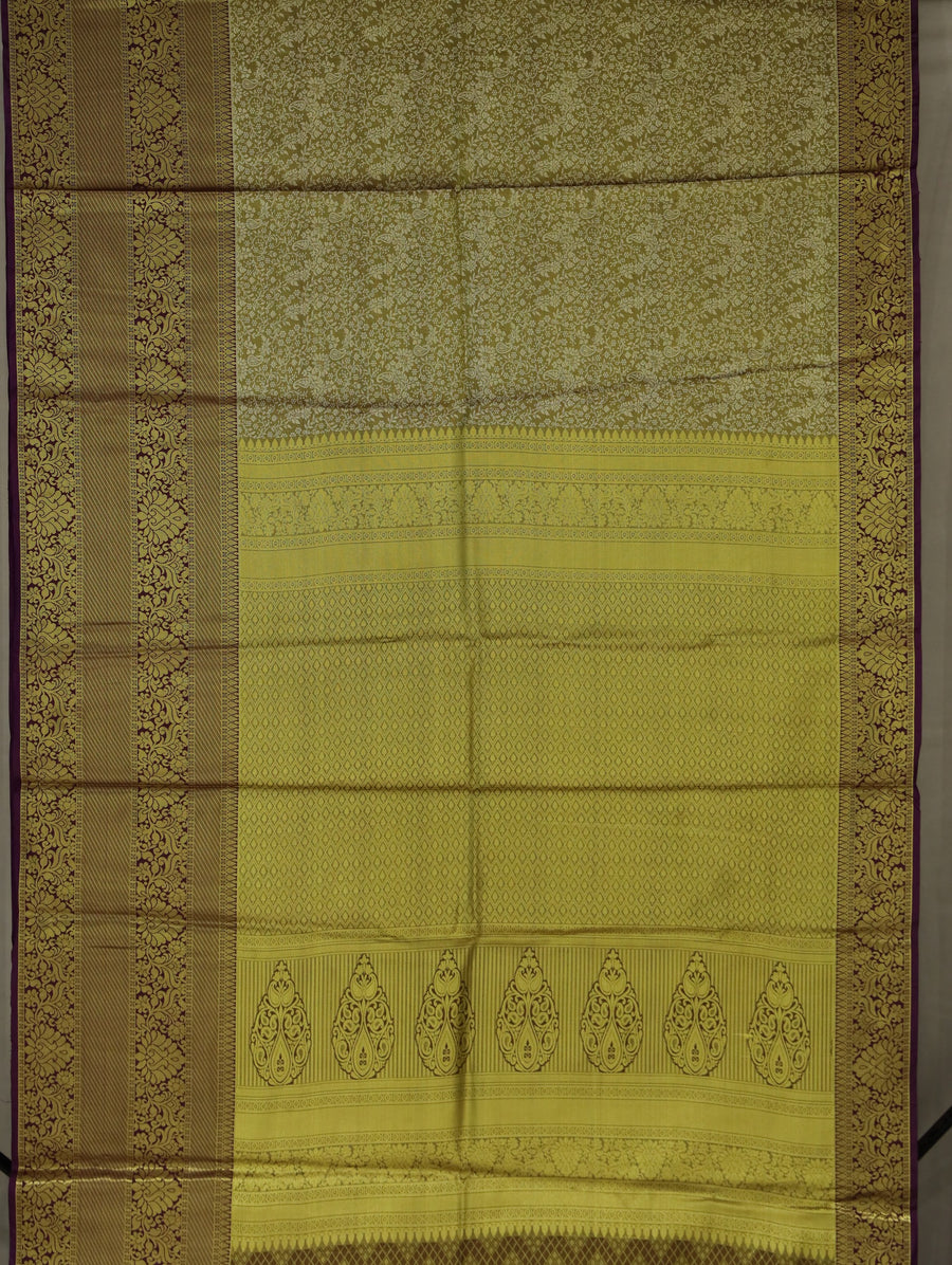 Antique Gold Kanchipuram Inspired Semi Silk Saree with Wide Wide Contrast Border
