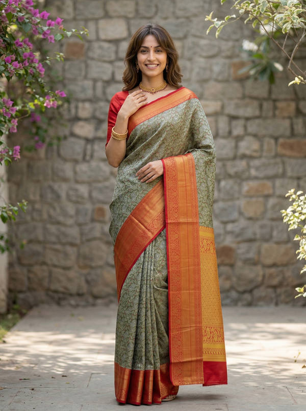 Sage Green Kanchipuram Inspired Semi Silk Saree with Wide Wide Contrast Border