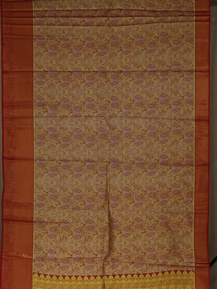 Sunset Gold Kanchipuram Inspired Semi Silk Saree with Wide Wide Contrast Border