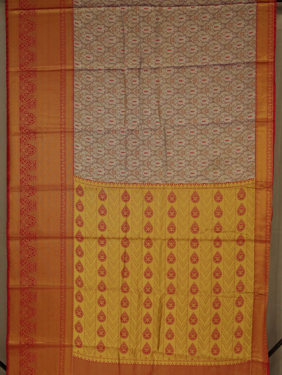 Champagne Gold Kanchipuram Inspired Semi Silk Saree with Wide Wide Contrast Border