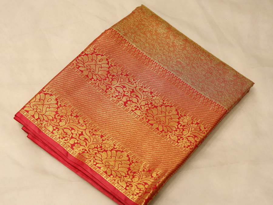 Champagne Gold Kanchipuram Inspired Semi Silk Saree with Wide Wide Contrast Border