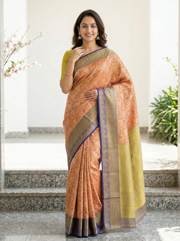 Burnt Orange Dharmavaram Inspired Semi Silk Saree with Medium Medium Contrast Border