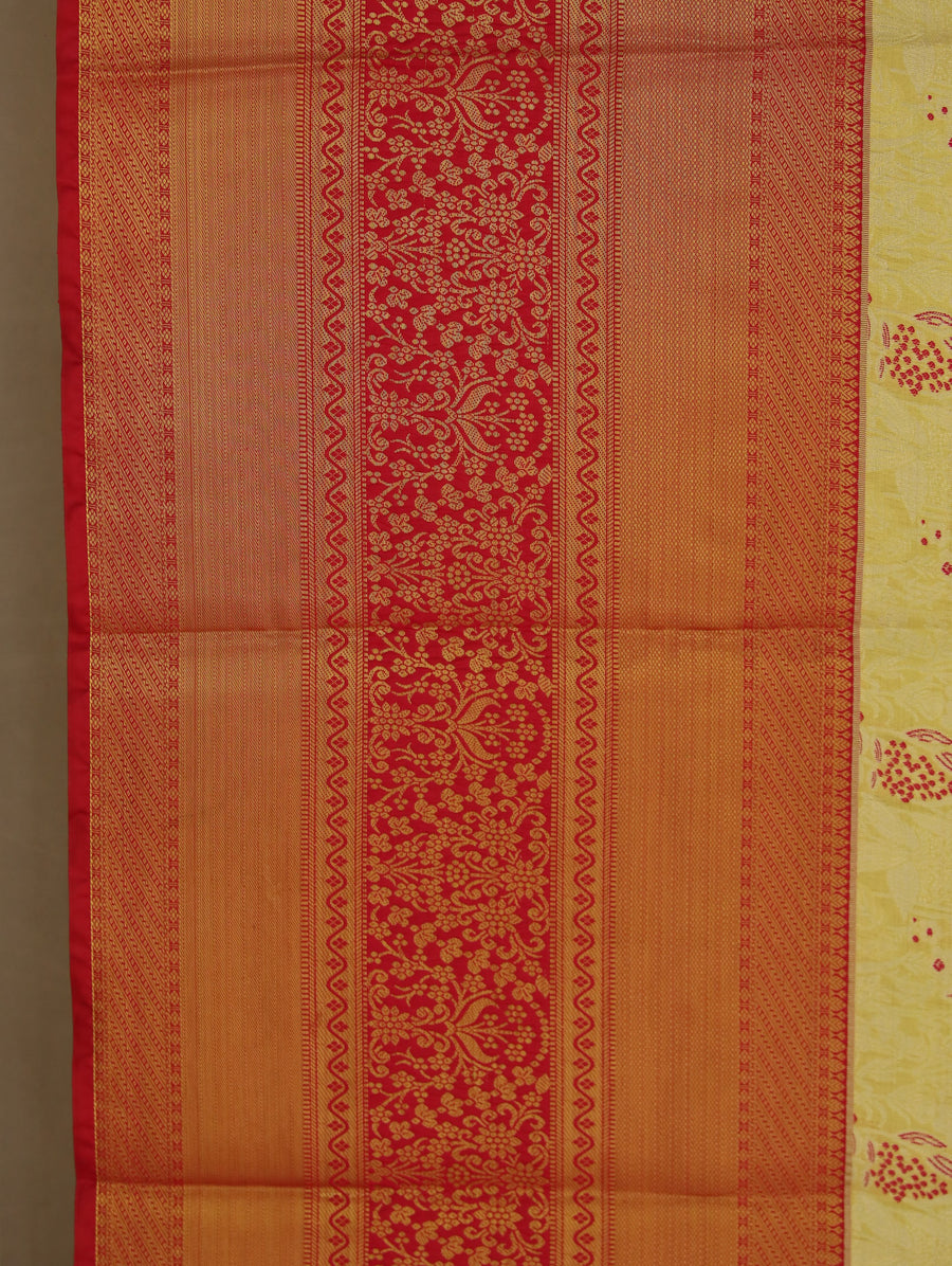 Sunshine Yellow Gadwal Inspired Semi Silk Saree with Wide Wide Contrast Border