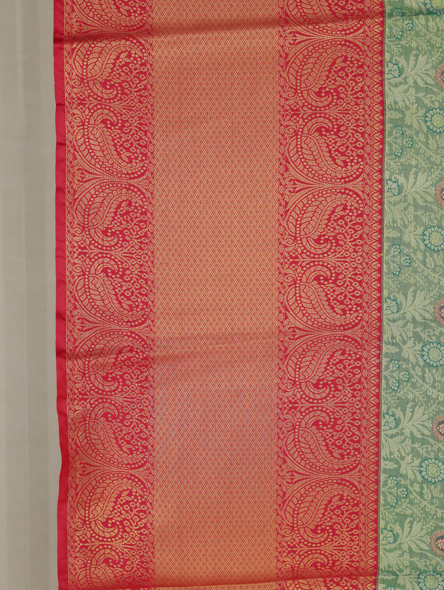Sage Green Kanchipuram Inspired Semi Silk Saree with Wide Wide Contrast Border
